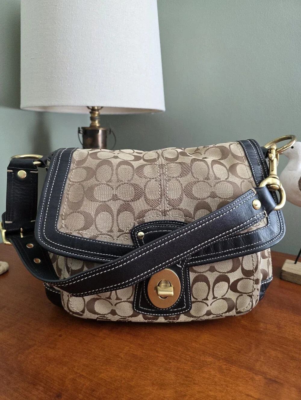 Coach Legacy Ali F12857 Khaki Black Signature Canvas Leather Shoulder Bag Y2K